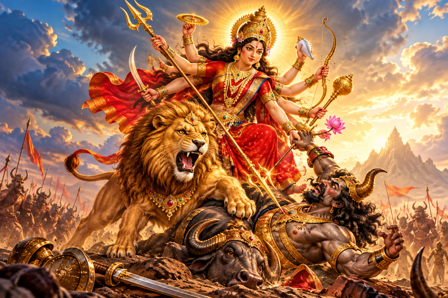 Maa Durga defeating Mahishasura while riding her lion